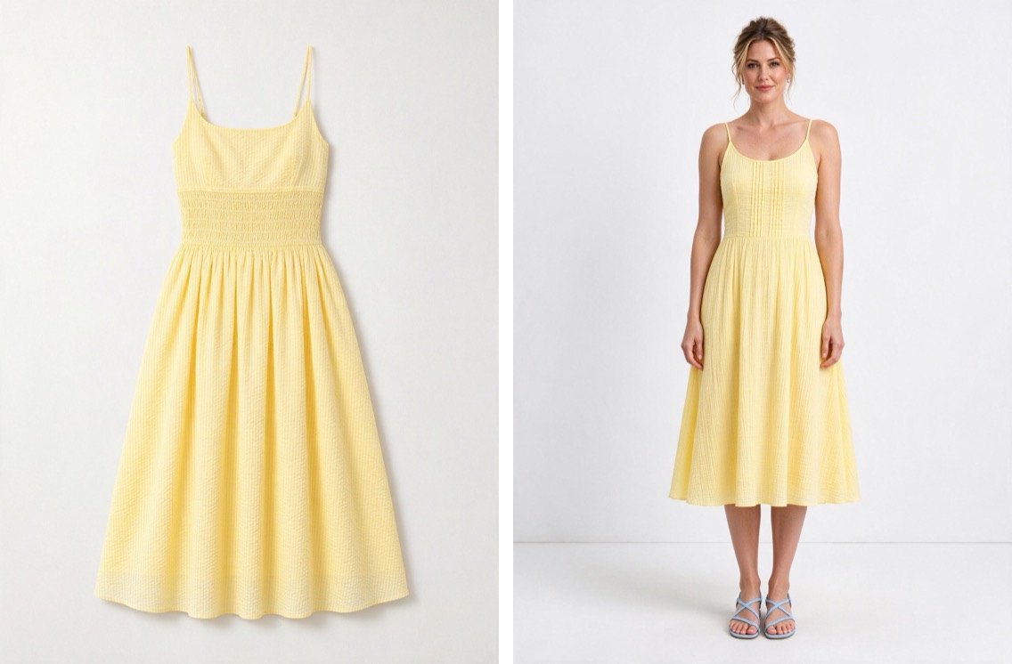 A butter-yellow sundress as a flat lay photo next to the same dress on an AI model, same colour and fabric; the smocked band under the bust became fine pleats on the model