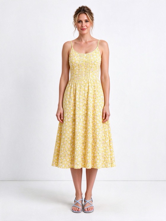 The same dress in a ditsy floral, same model and pose