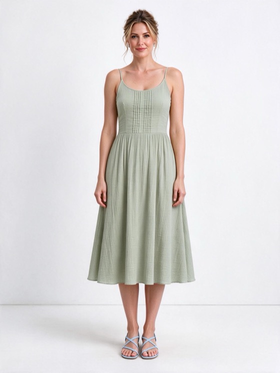 The dress in a new sage colour on our AI model, made for a 9:16 ad